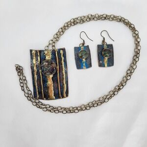 Gold Blue Necklace‎ Earring Set Artsy Art To Wear Eclectic Contemporary Fashion